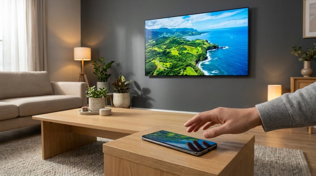Une main s'approche d'un smartphone sur une table basse, reflétant une image de côte affichée sur une TV murale.