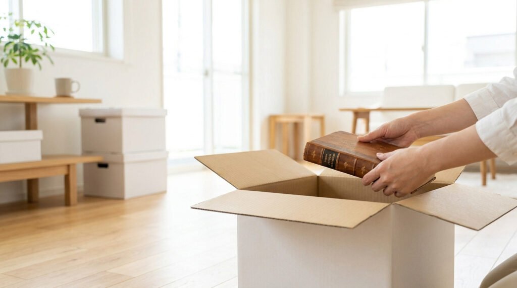 Une personne range un vieux livre dans un carton de déménagement au milieu d'une pièce lumineuse et épurée.