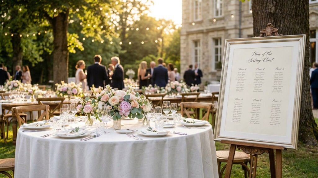 Un élégant plan de table de mariage sur chevalet dans un jardin avec des tables décorées et des invités en arrière-plan.