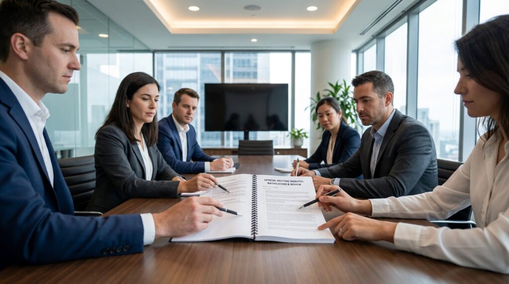 Équipe de professionnels en réunion examinant un document officiel intitulé « Official Meeting Minutes ».