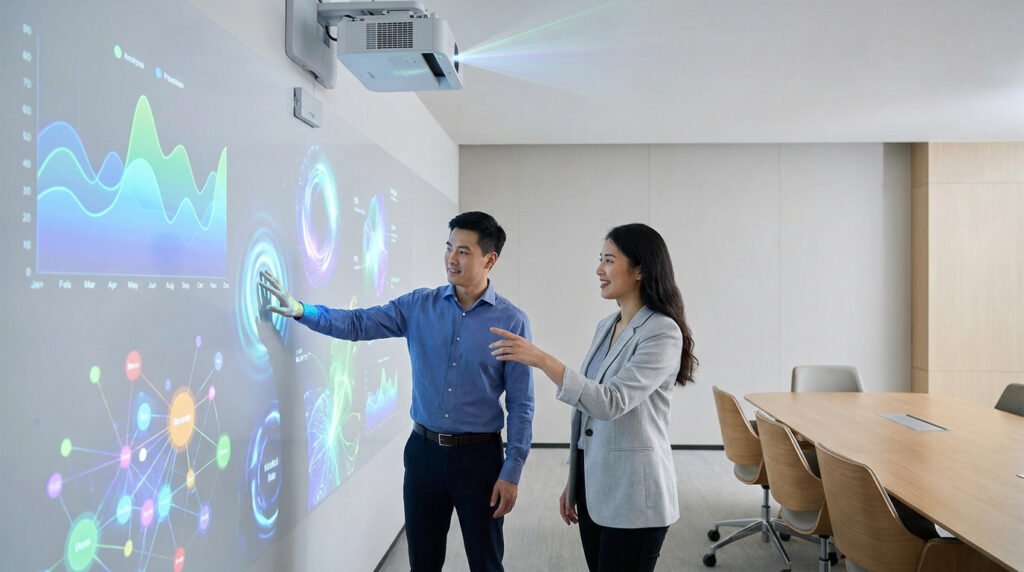 Un homme et une femme utilisant un vidéoprojecteur interactif pour manipuler des données sur un mur blanc.