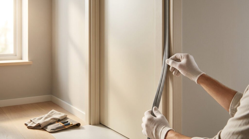 Mains avec gants blancs installant un joint d'étanchéité gris sur l'encadrement d'une porte intérieure beige.