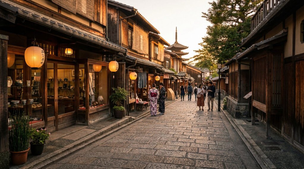 Rue pavée traditionnelle à Kyoto bordée de boutiques en bois illuminées par des lanternes au coucher du soleil.
